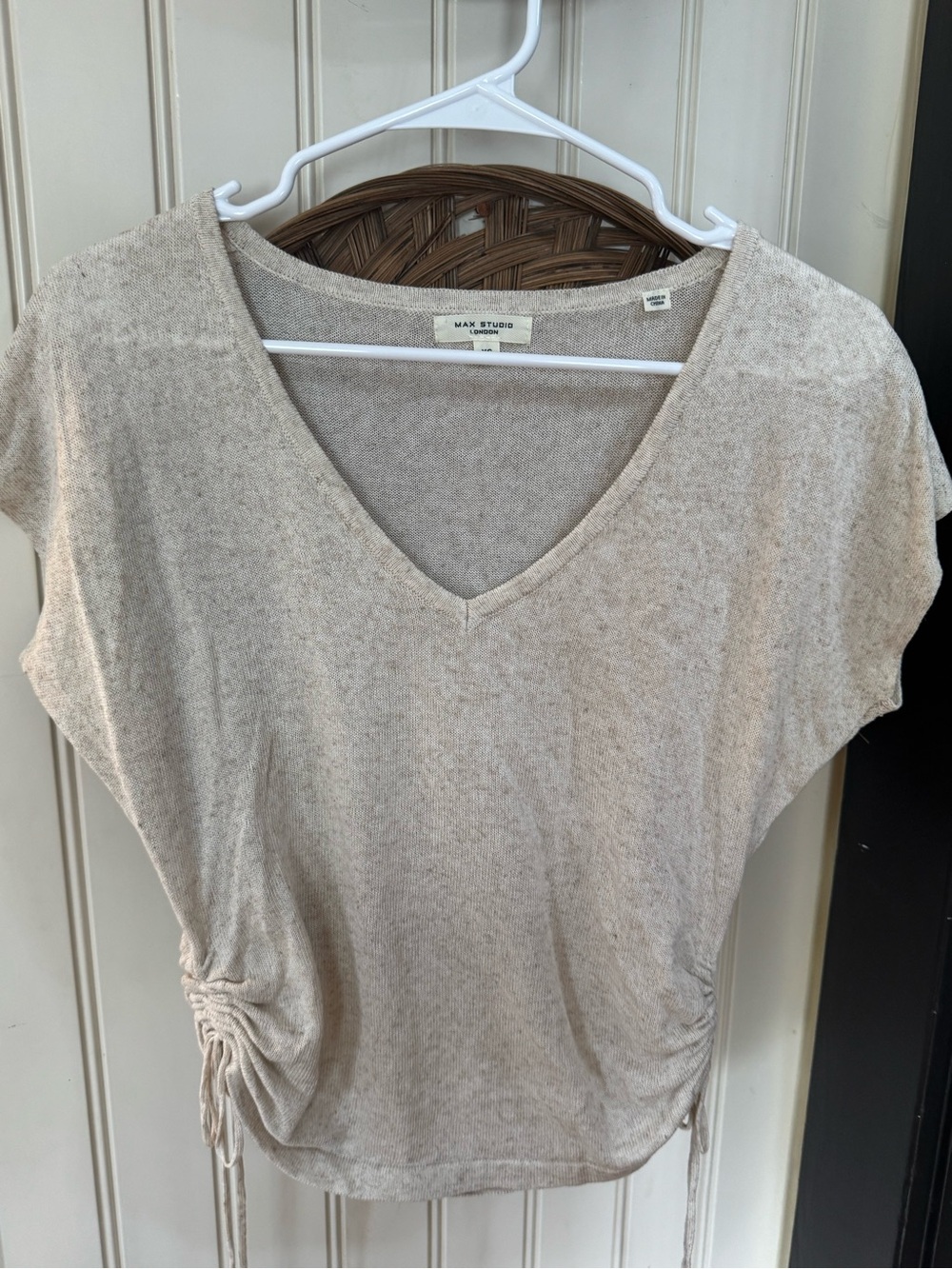 Max Studio Beige V-Neck Short Sleeve Drawstring Top